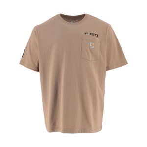 front of a beige Ford F-150 carhartt t-shirt with a pocket on a white background
