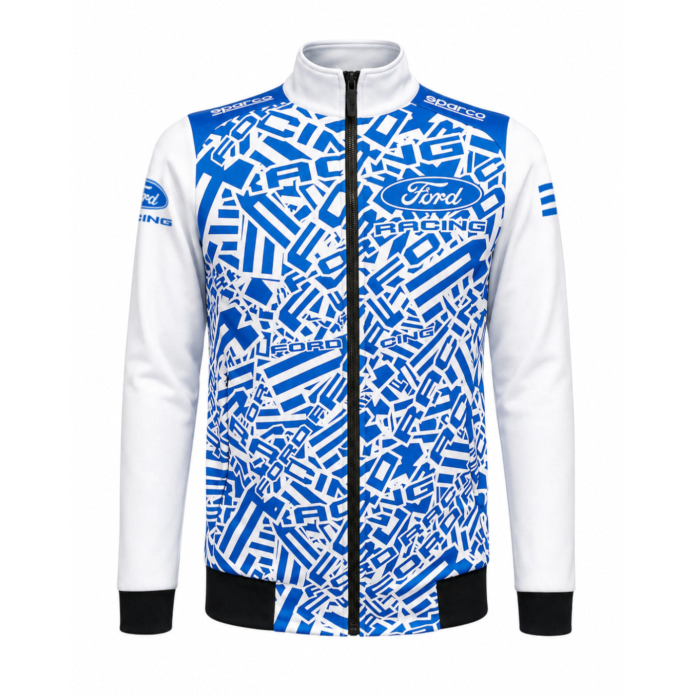 Ford Racing blue and white camouflage text racing jacket