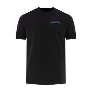 black t-shirt with a blue ford racing raptor logo on a white background