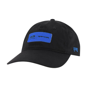 black hat with a Ford Racing raptor blue woven patch and a Raptor R logo at the side on a white background