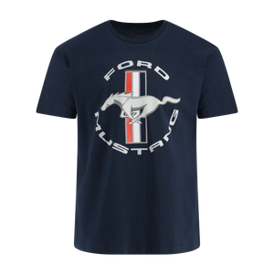 Navy blue t-shirt with Ford Mustang logo on a white background