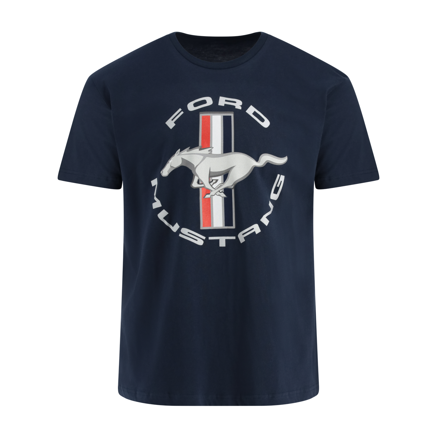 Navy blue t-shirt with Ford Mustang logo on a white background