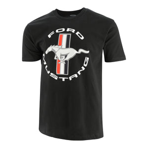 black t-shirt with Ford Mustang text and a tribar logo