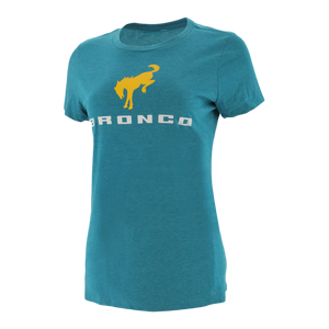 teal t-shirt with a yellow bucking Bronco and Bronco text