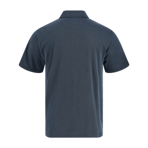 Back view of a dark gray polo shirt on a white background