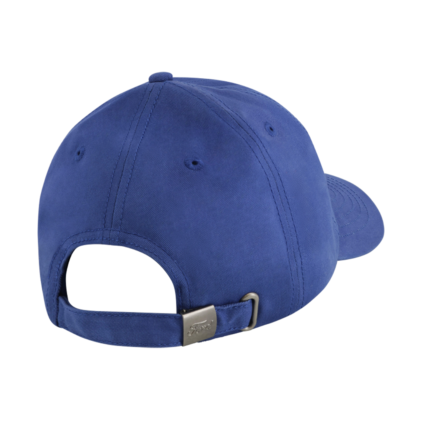 back of blue slide back hat with ford written on silver slide clasp