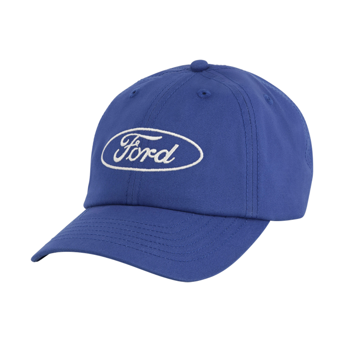 front of blue hat with white ford script in a white outlined oval