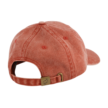 Reddish-brown baseball cap with a gold tag on a white background