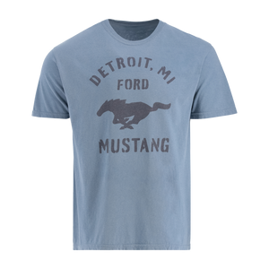 Blue t-shirt with 'Detroit, MI Ford Mustang' text and horse graphic on a white background