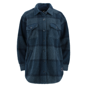 A long-sleeve women's plaid shirt jacket with buttons, featuring a knit weave in blue with plaid checks. It has two front chest pockets with buttons and a leather patch on the bottom left hem.