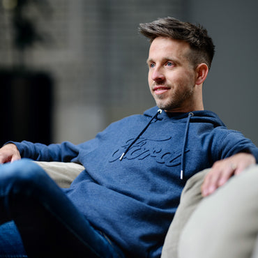 Ford Mens Embossed Script Navy Blue Fleece Hoodie