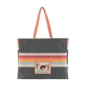 Bronco Tote bag with colorful striped pattern and brand logo on a white background