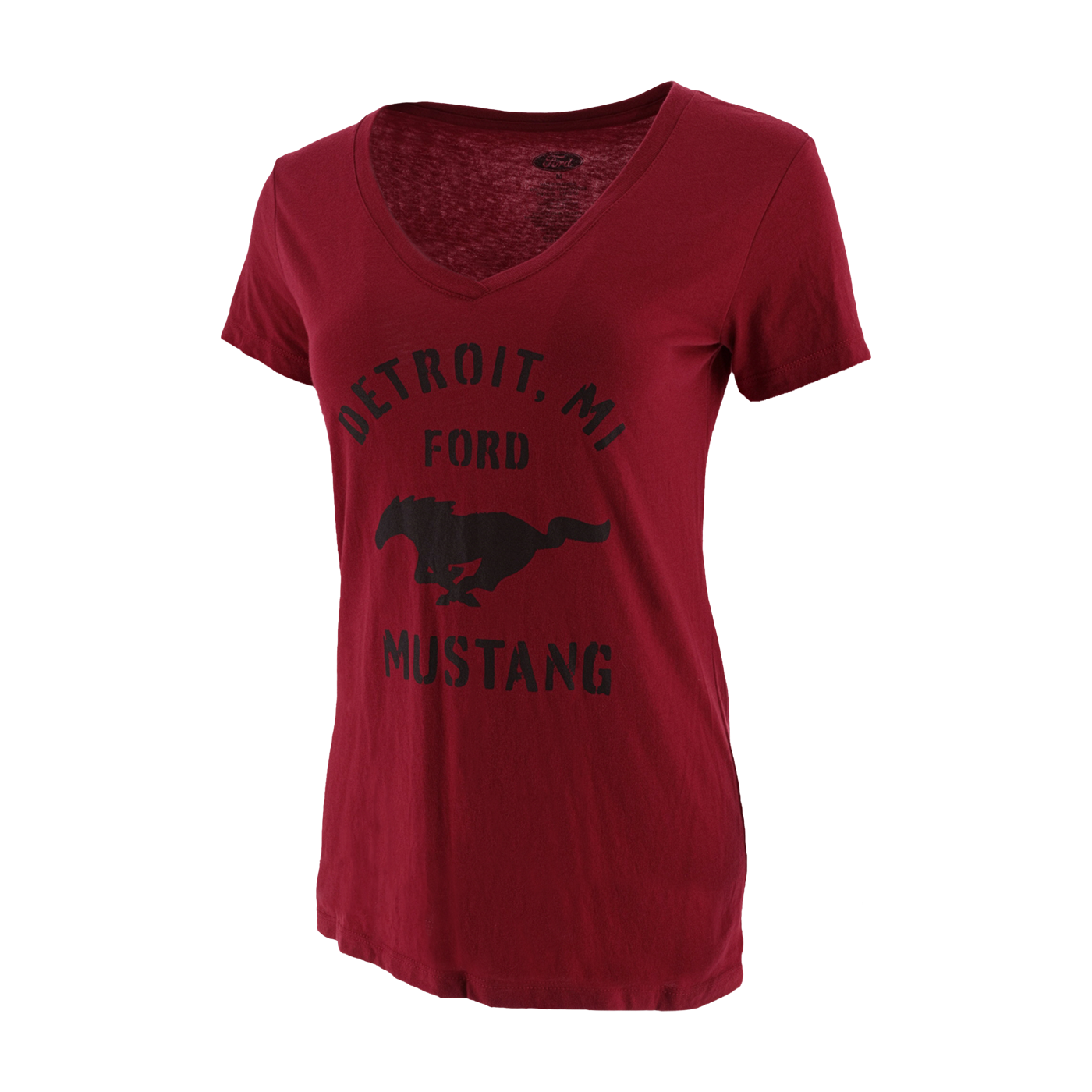 Red t-shirt with 'Detroit, MI Ford Mustang' text and logo on a white background