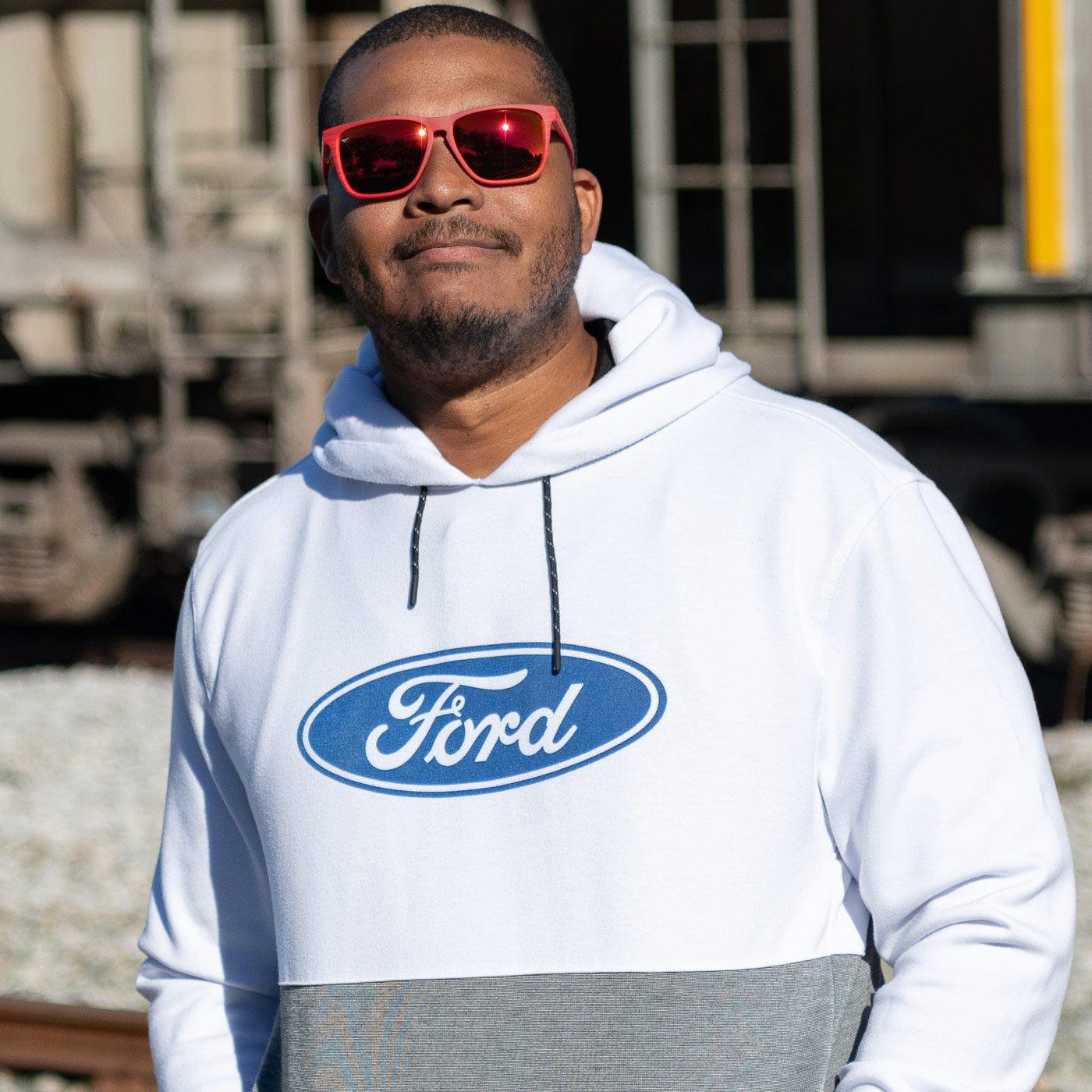 Ford Logo Mens Gray & White Color Block Hoodie