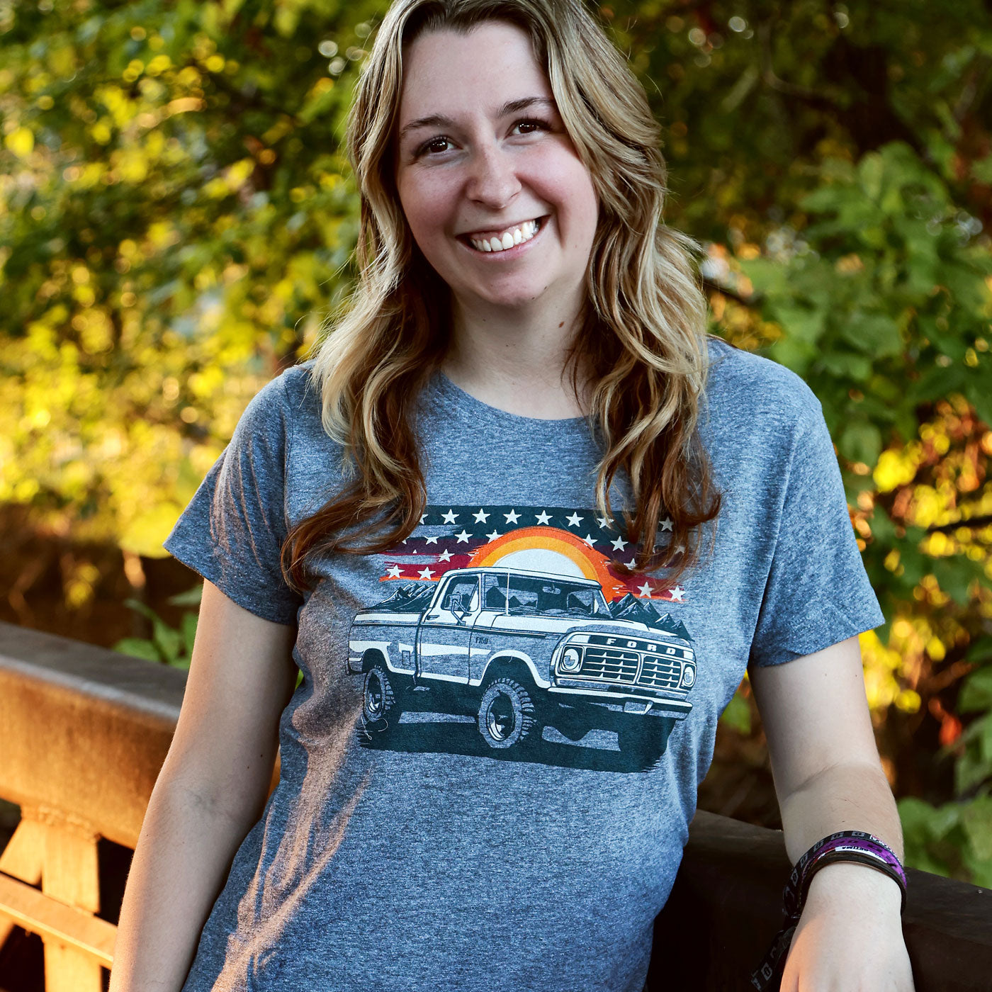 Ford F-150 Graphic Truck Sunset Patriotic Flag Womens T-Shirt