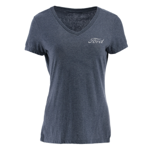A women's Ford Vintage Logo Born in Detroit T-shirt in blue color with a V-neck collar.