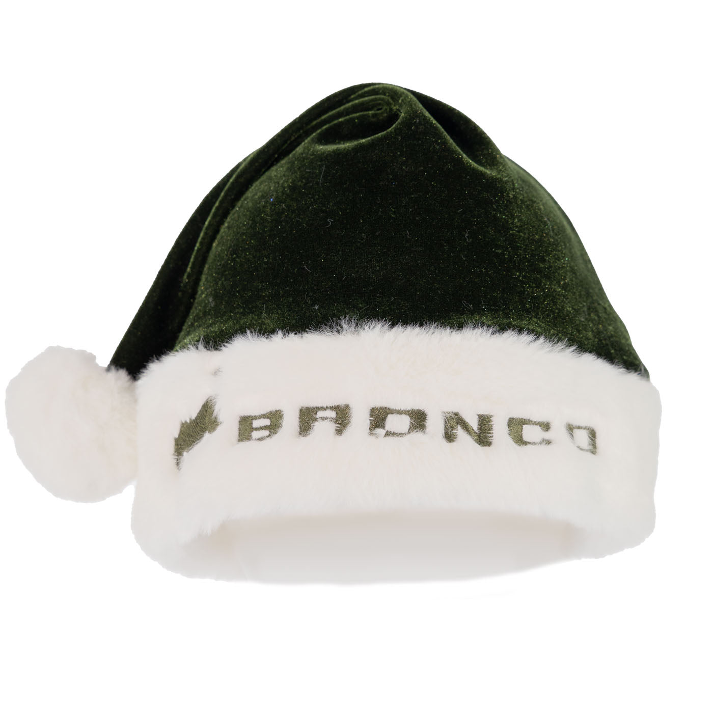 fORD BRONCO santa hat with green velvet fabric and white puff ball on the end