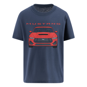 A navy blue Ford Mustang Youth T-Shirt with a graphic of a red Mustang car on the front.