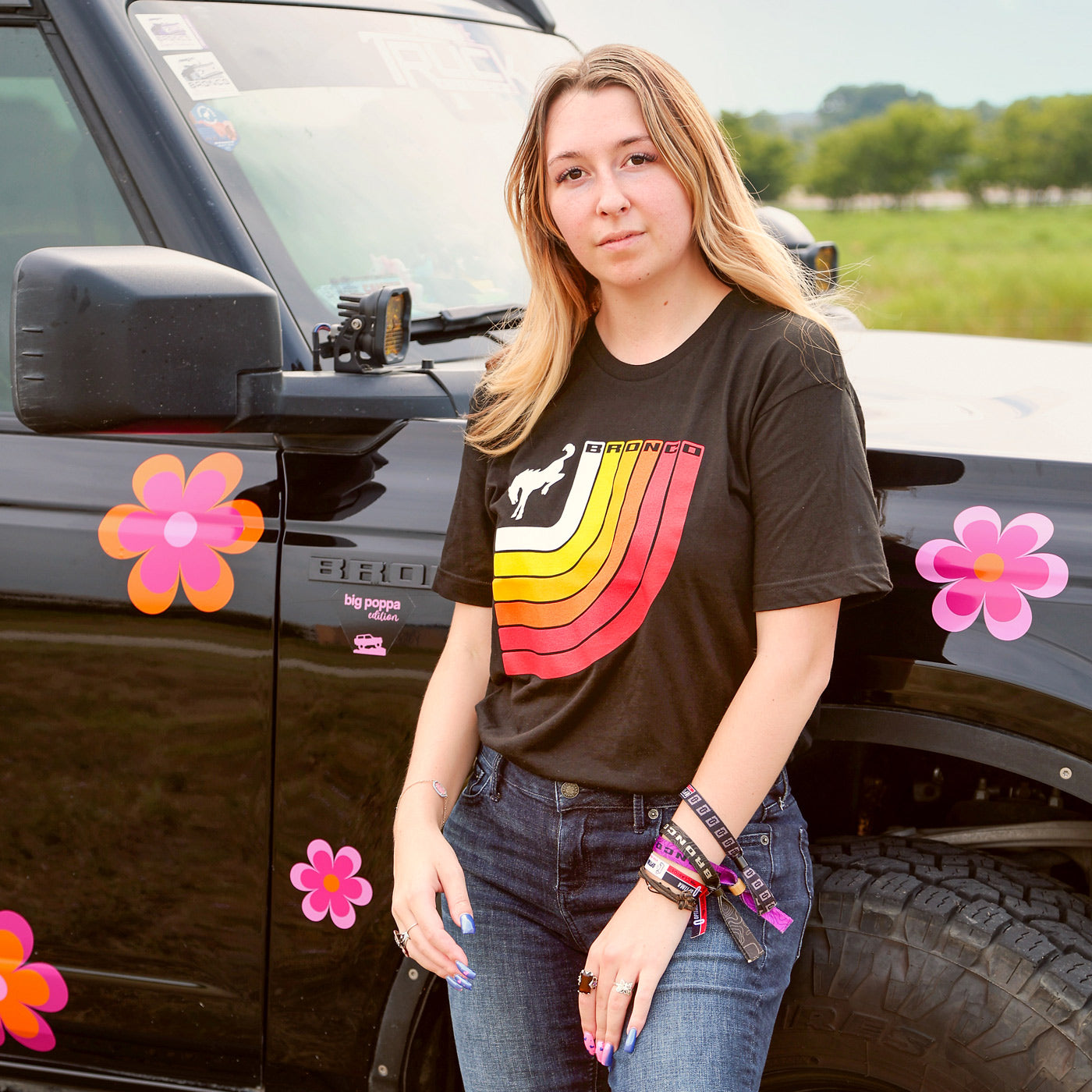 Ford Bronco Free Wheeling Retro Stripes Black T-Shirt