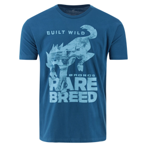 A blue Ford Bronco Men's T-shirt with a graphic print of a dragon and text 'RARE BREED' on the front.