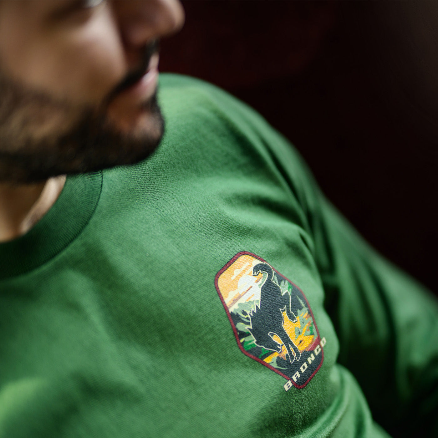 Ford Bronco Built Wild Badge Green Mens Long Sleeve Shirt