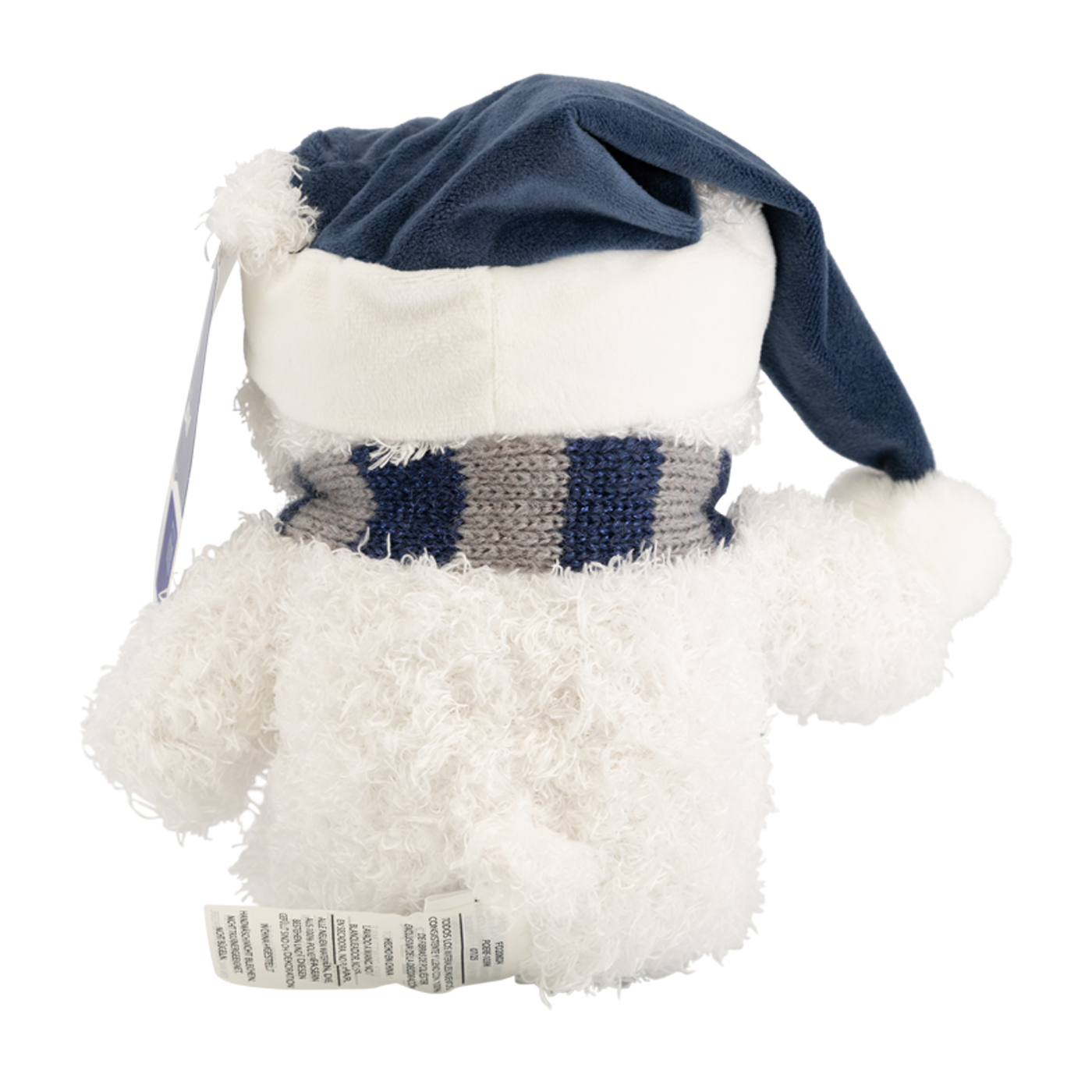 White plush teddy bear with a blue hat and scarf on a white background