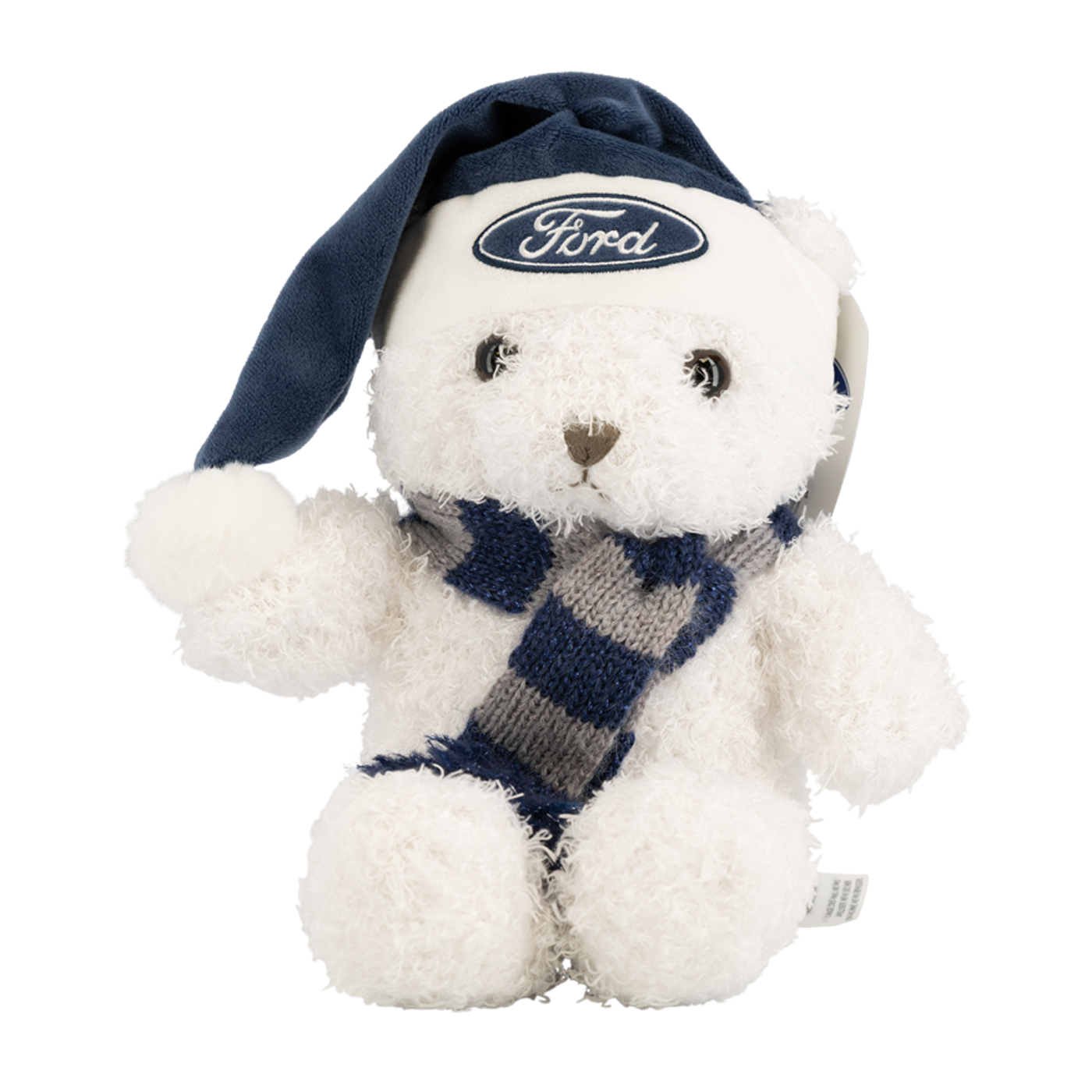 white teddy bear with blue ford oval on blue santa hat with a gray and blue knit scarf