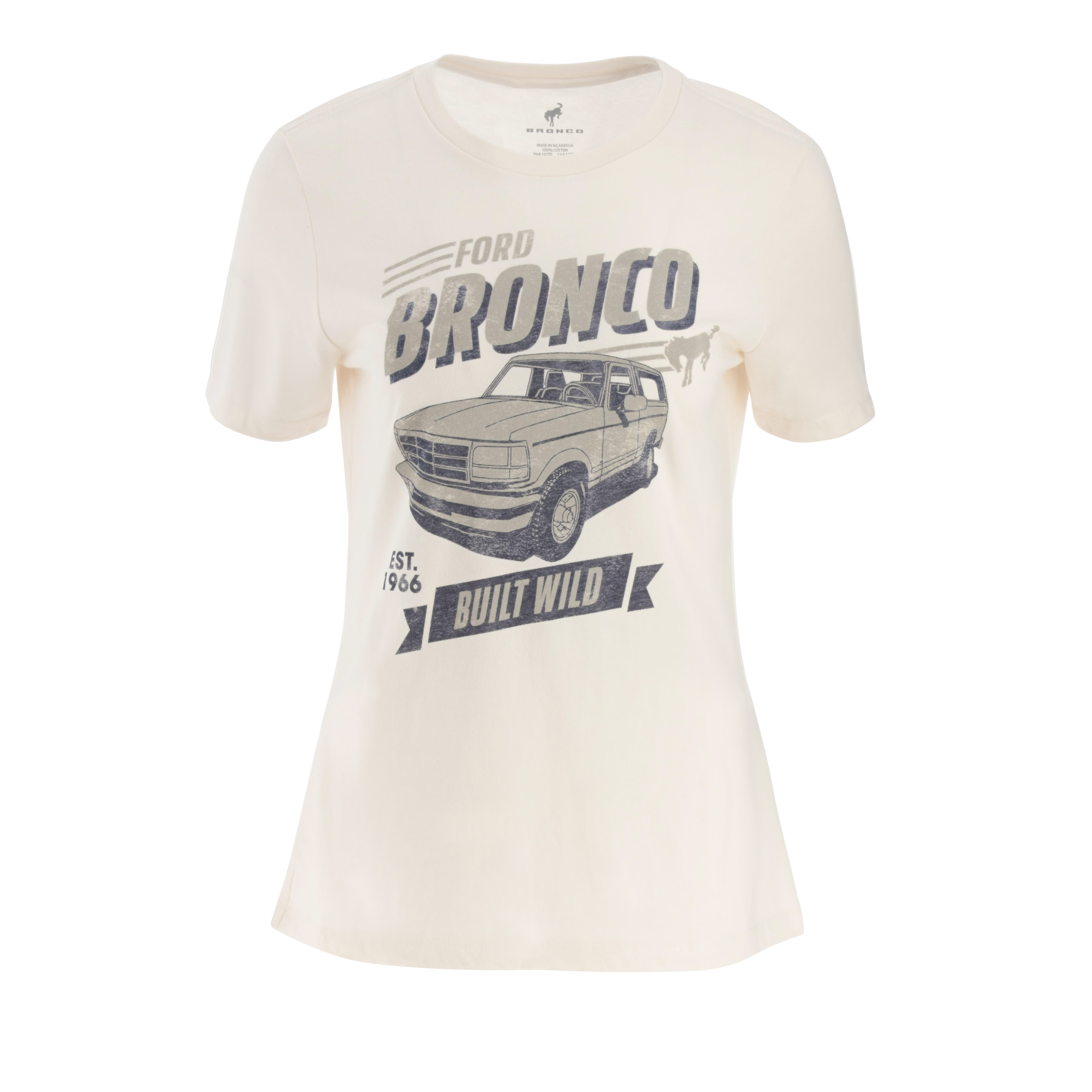 Women's white Ford Bronco t-shirt with graphic print of a Bronco truck and the slogan 'Built Wild'.