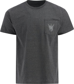 A gray Ford Genuine Parts Men's Pocket T-Shirt with a crew neckline and a left chest pocket featuring a white Ford logo.