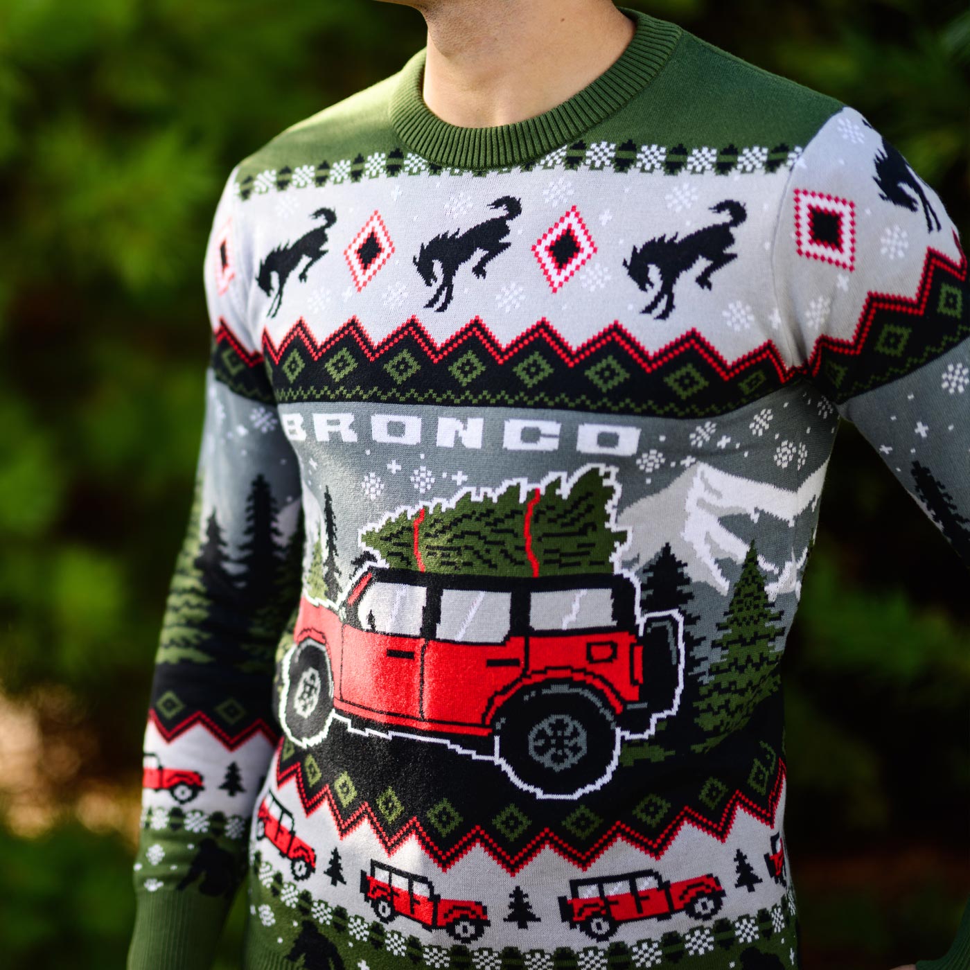 Person wearing a festive sweater with a red bronco and Christmas tree design.