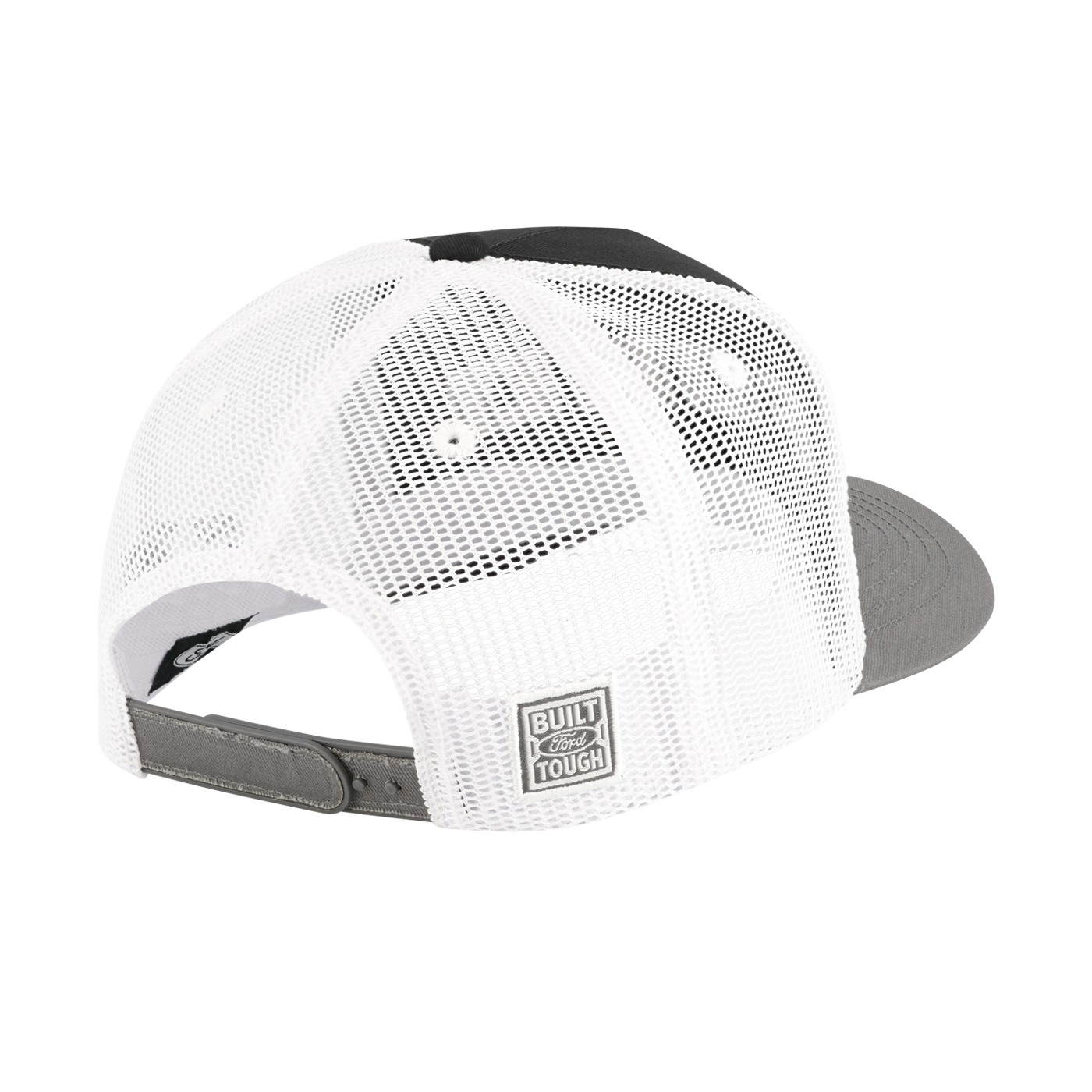 back of white mesh snapback hat with built ford tough gray silicone badge