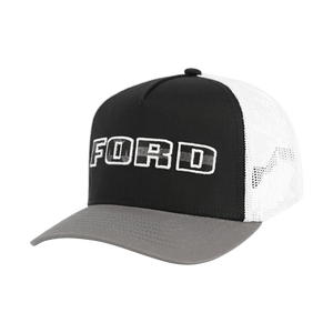 block letter FORD on black panel with white mesh back hat and gray bill