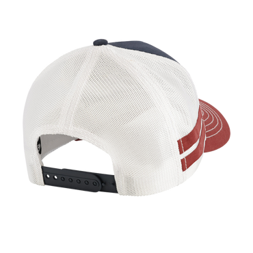 white mesh back of snapback hat with red stripes