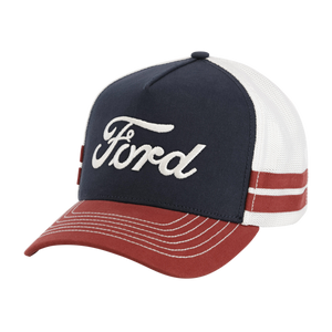 red white and blue hat with red stripes white mesh back and white ford script on navy blue front panel