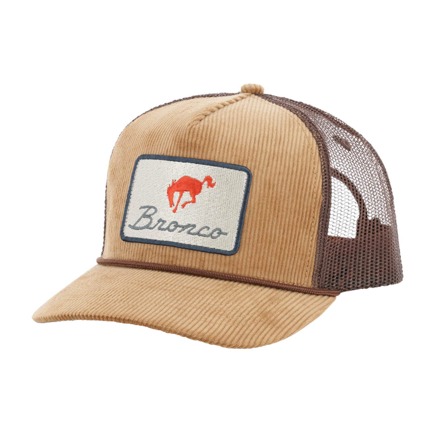 Beige trucker hat with brown mesh back and 'Bronco' logo on a white background