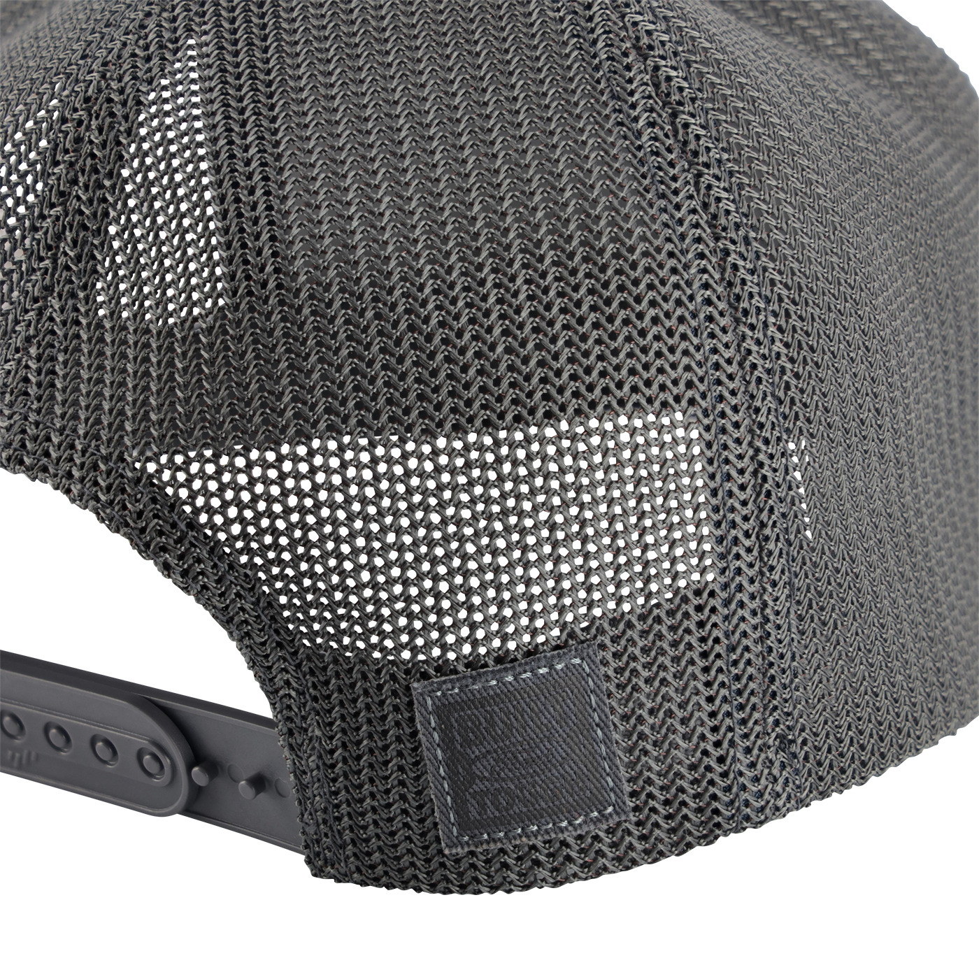 Close-up of a gray mesh cap with a brand logo on a white background