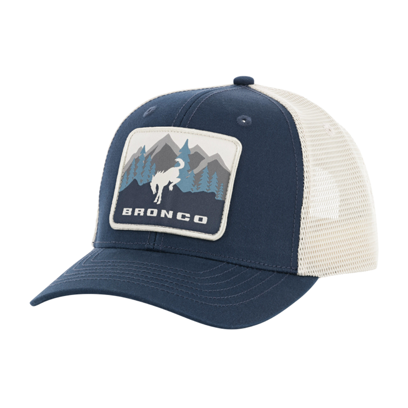 Navy and white hat with a mountain logo and 'Bronco' text on a white background