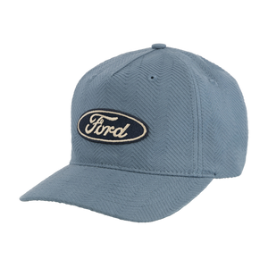 light blue chevron textured hat with navy blue oval and white ford script patch