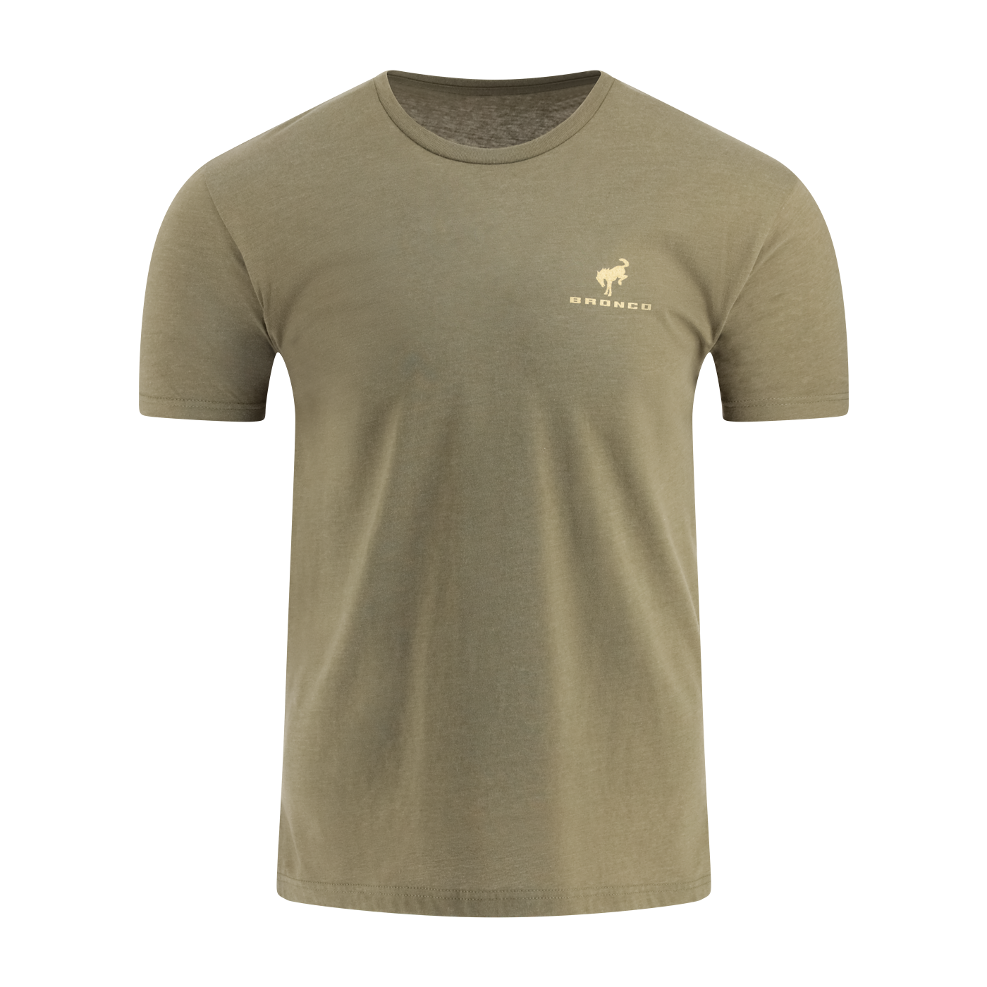 Olive green t-shirt with a logo on the chest against a white background