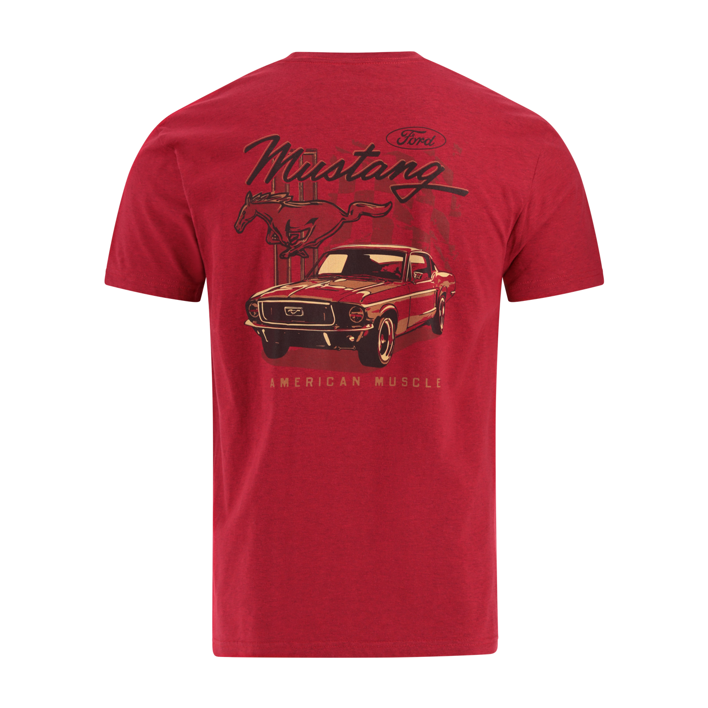 Red t-shirt with Ford Mustang graphic on a white background