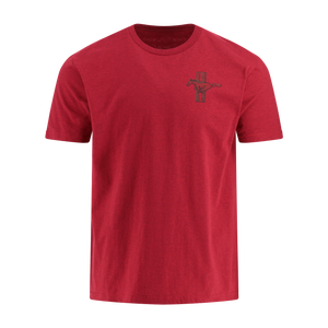 Red t-shirt with a small logo on the chest against a white background