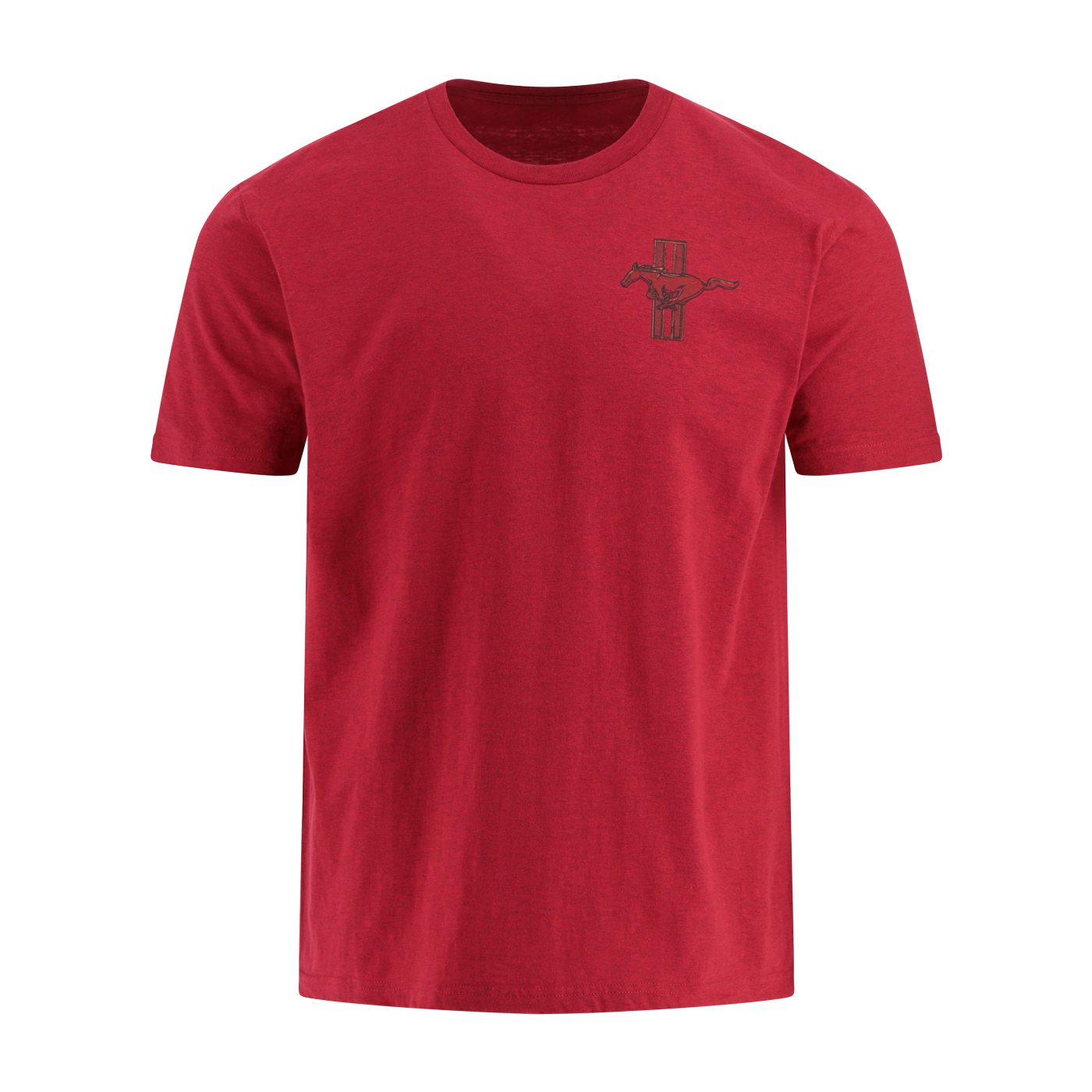 Red t-shirt with a small logo on the chest against a white background