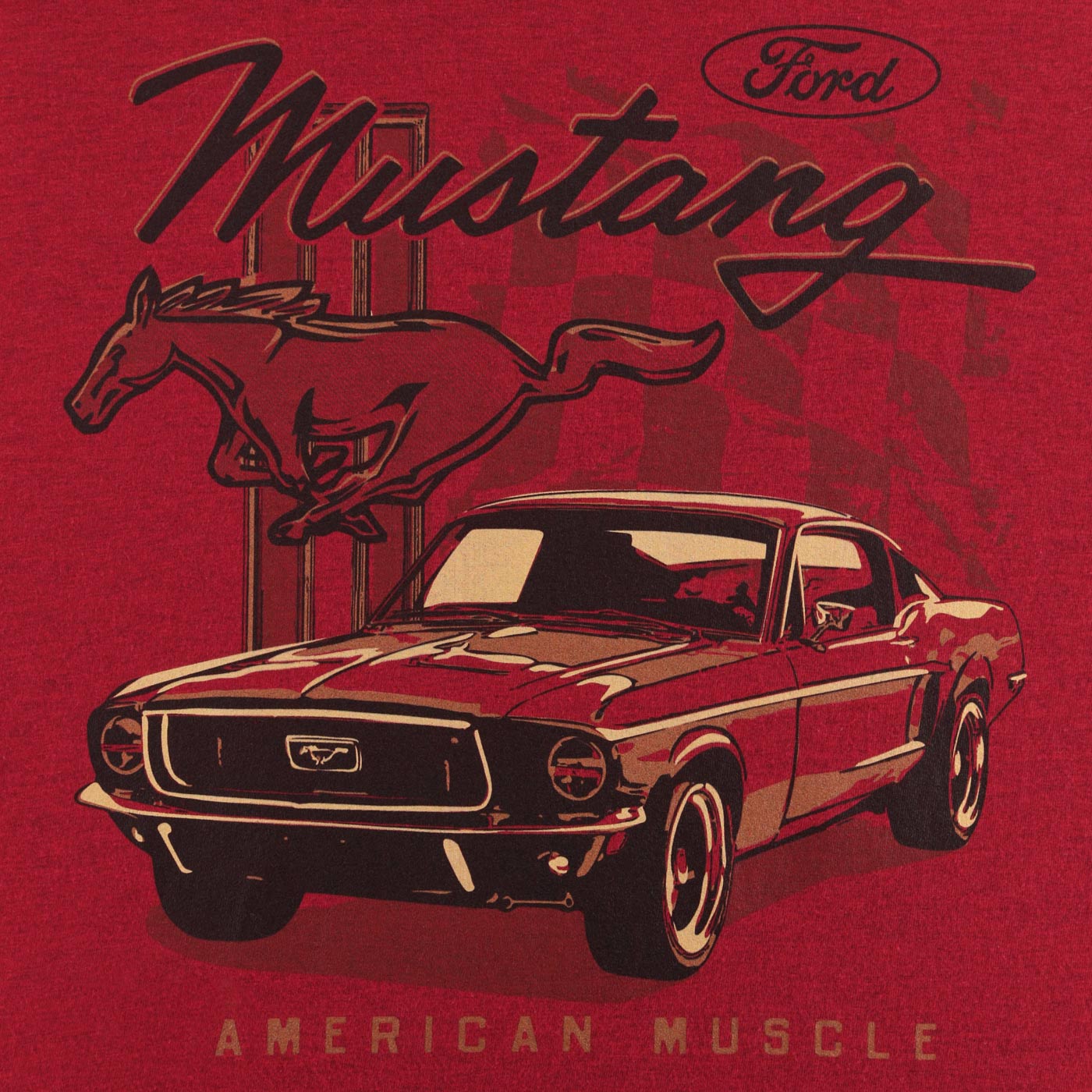 Vintage-style Ford Mustang graphic on a red background with 'American Muscle' text.
