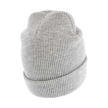 back of gray waffle knit hat with folded edge