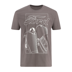 graphic white line art drawing of vintage ford with ford script on charcoal short sleeve t-shirt