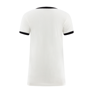 White t-shirt with black trim on a white background