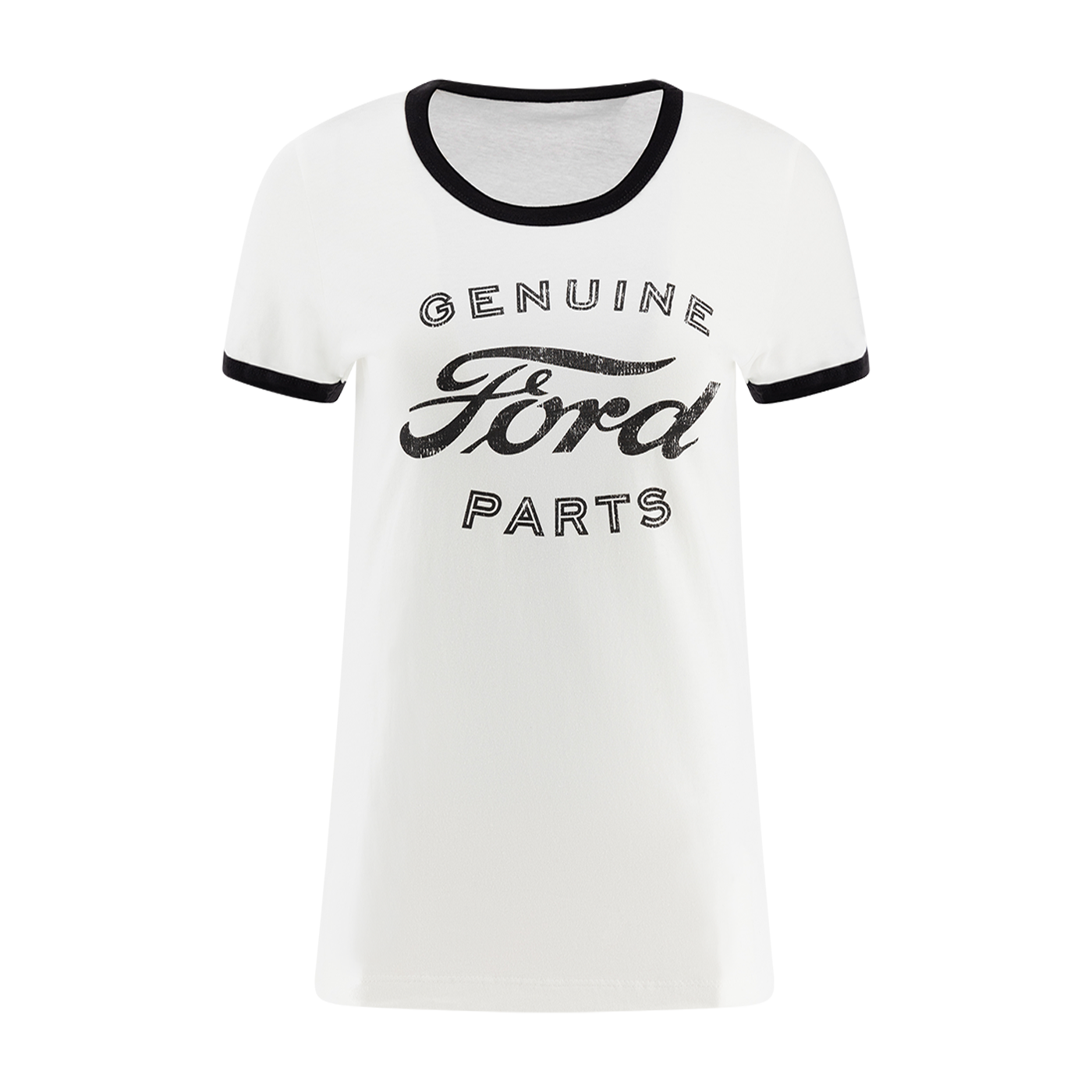 White t-shirt with black ringer sleeves and 'Genuine Ford Parts' text on a white background