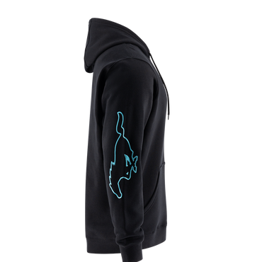 Black hoodie with a blue graphic on the side against a white background
