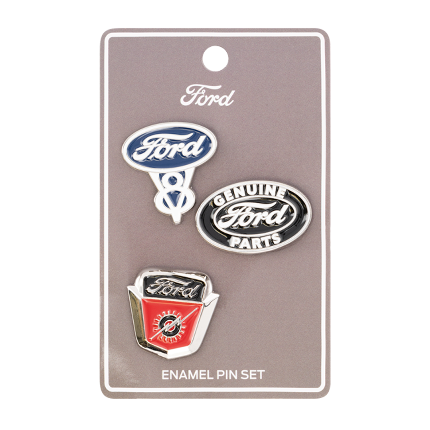 Set of Ford enamel pins on a display card with 'Ford' branding.