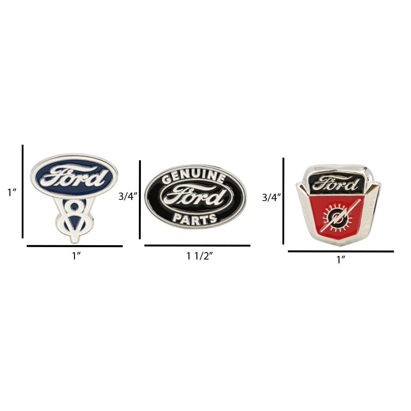 Three Ford logo emblems with measurements on a white background